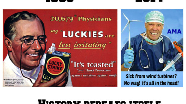 Lucky Strikes beskytter mod hoste – vindmøller beskytter mod klimaforandringer og er helt uskadelige ligesom tobak? Plakat fra Australien
